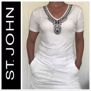 ST. JOHN WHITE EMBELLISHED V NECK TEE SHIRT MEDIUM